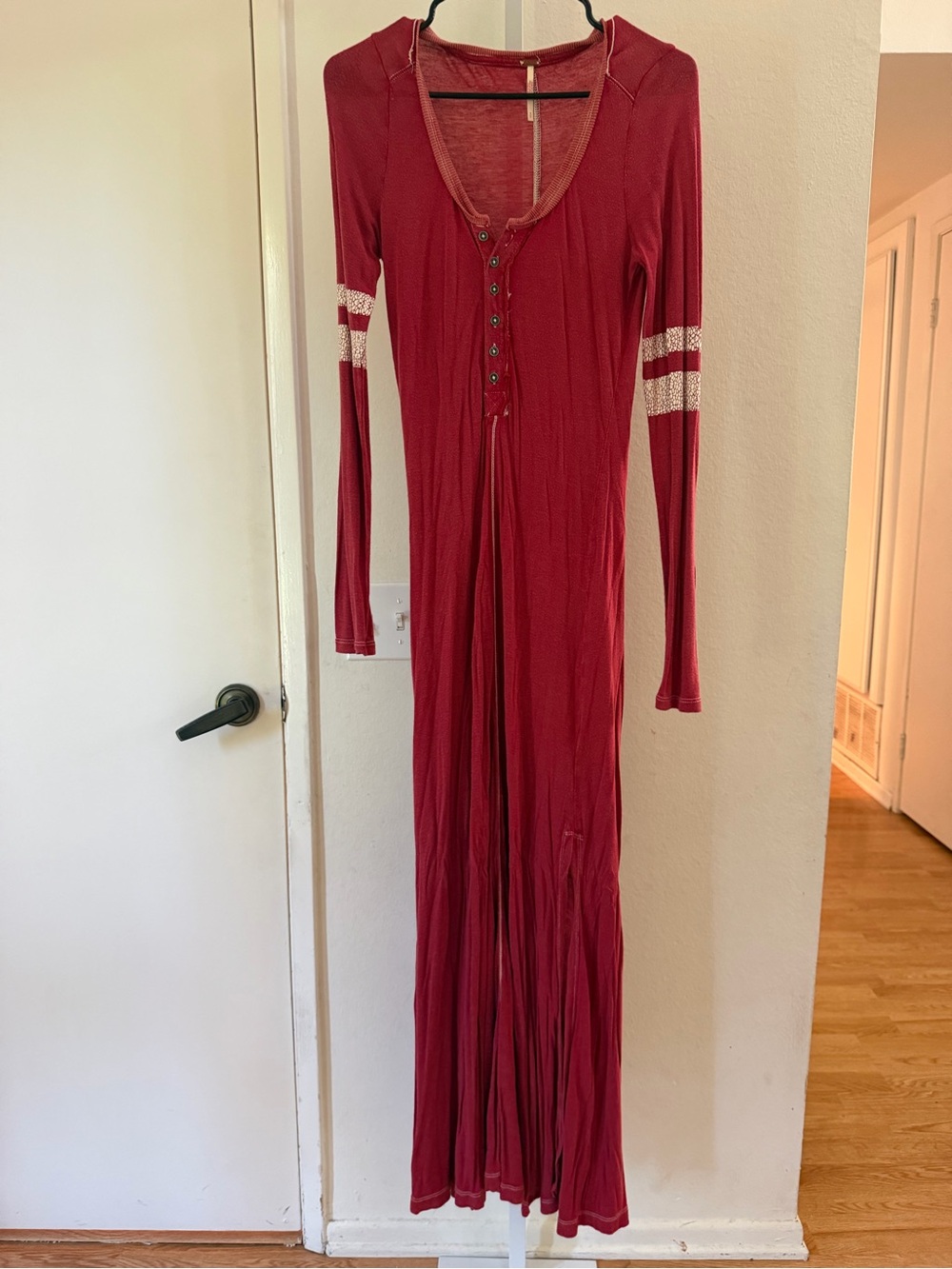 Free People Wine Long Sleeve Henley Maxi Dress with Stripe Sleeves